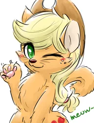 Size: 2300x3000 | Tagged: applecat, applejack, artist:gamijack, blushing, cat, catified, chest fluff, cute, derpibooru import, jackabetes, looking at you, one eye closed, paws, safe, simple background, solo, species swap, underpaw, wink