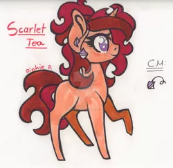 Size: 1024x996 | Tagged: safe, artist:biskhuit, derpibooru import, oc, oc:scarlet tea, unofficial characters only, pony, unicorn, female, mare, raised hoof, solo, traditional art, watermark