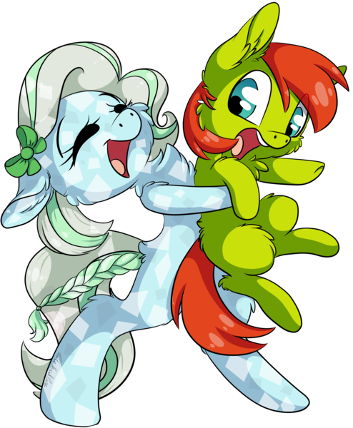 Size: 4068x4942 | Tagged: safe, artist:cutepencilcase, derpibooru import, oc, oc:azur lachrimae, oc:greeny awkward, unofficial characters only, crystal pony, earth pony, pony, absurd resolution, bipedal, chest fluff, cute, ear fluff, eyes closed, happy, holding a pony, hug, open mouth, simple background, transparent background