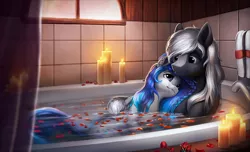 Size: 3202x1949 | Tagged: safe, artist:l1nkoln, derpibooru import, oc, oc:azura, oc:sacred blade, unofficial characters only, pony, bath, bathtub, candle, couple, detailed, ear piercing, earring, female, flower, jewelry, male, mare, oc x oc, petals, piercing, romantic, rose, rose petals, shipping, stallion, straight, unshorn fetlocks