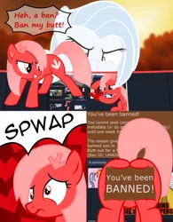 Size: 2024x2590 | Tagged: safe, artist:arifproject, artist:badumsquish, derpibooru import, part of a set, oc, oc:albany, oc:downvote, ponified, unofficial characters only, earth pony, pony, derpibooru, asking for it, ban, derp, derpibooru ponified, dialogue, downvote vs theme, face down ass up, female, hairclip, meta, part of a series, plot, reply, squishy plot, stamp, teasing, vector