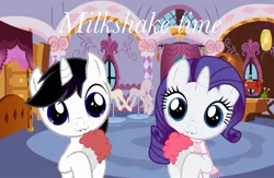 Size: 1024x667 | Tagged: safe, artist:shadowblazer3, derpibooru import, rarity, oc, oc:barrfind, pony, unicorn, canon x oc, carousel boutique, drinking, female, foal, heart, male, milkshake, rarifind, shipping, straight, vector