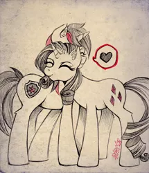 Size: 898x1045 | Tagged: safe, artist:madblackie, derpibooru import, rarity, oc, oc:barrfind, pony, unicorn, canon x oc, cuddling, eyes closed, female, heart, love, male, rarifind, shipping, simple background, smiling, snuggling, straight, traditional art