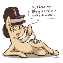 Size: 1280x1280 | Tagged: suggestive, artist:dsp2003, derpibooru import, oc, oc:dunkie, unofficial characters only, food pony, original species, blushing, color, dialogue, female, food, heart eyes, innuendo, looking at you, open mouth, simple background, single panel, sketch, solo, transparent background, white chocolate, wingding eyes