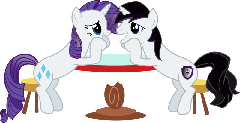 Size: 7918x4048 | Tagged: safe, artist:barrfind, derpibooru import, rarity, oc, oc:barrfind, pony, unicorn, absurd resolution, canon x oc, female, happy, love, male, rarifind, shipping, simple background, sitting, smiling, stare, straight, table, transparent background, vector