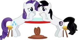 Size: 7918x4048 | Tagged: safe, artist:barrfind, derpibooru import, rarity, oc, oc:barrfind, pony, unicorn, absurd resolution, canon x oc, female, happy, love, male, rarifind, shipping, simple background, sitting, smiling, stare, straight, table, transparent background, vector