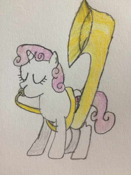 Size: 1024x1365 | Tagged: safe, artist:puffedcheekedblower, derpibooru import, sweetie belle, pony, blowing, cute, diasweetes, drawing, eyes closed, female, mare, musical instrument, older, older sweetie belle, puffy cheeks, solo, sousaphone, traditional art, tuba