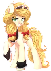 Size: 1024x1422 | Tagged: safe, artist:slasharu, derpibooru import, oc, unofficial characters only, pony, unicorn, bow, clothes, female, hair bow, maid, mare, raised hoof, simple background, smiling, solo, transparent background