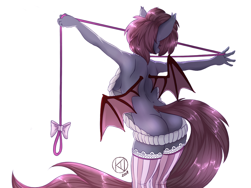 Size: 1000x750 | Tagged: questionable, artist:kairaanix, derpibooru import, oc, oc:ventress, unofficial characters only, anthro, bat pony, anthro oc, armpits, ass, backless, breasts, clothes, female, leash, mare, open-back sweater, rear view, sideboob, simple background, sleeveless sweater, solo, solo female, spread wings, sweater, virgin killer sweater, white background