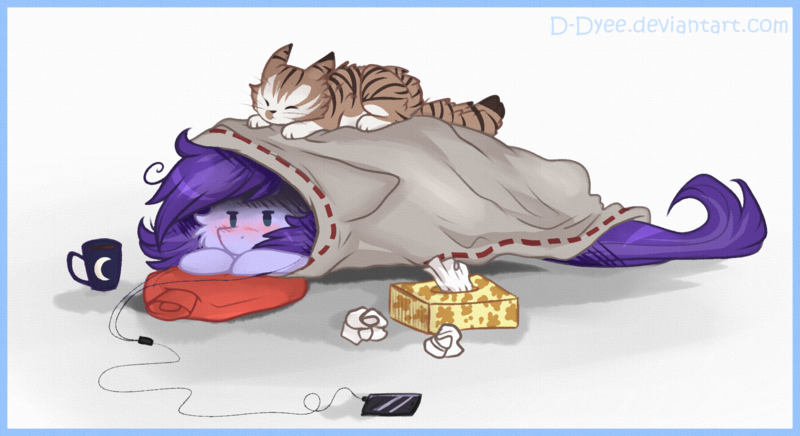 Size: 1896x1034 | Tagged: safe, artist:tenebristayga, derpibooru import, oc, oc:ddye, unofficial characters only, cat, blanket, mug, solo, tissue