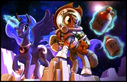 Size: 1600x1039 | Tagged: safe, artist:harwick, derpibooru import, applejack, princess luna, alicorn, earth pony, pony, alcohol, astronaut, magic, moon, moonshine, space, spacesuit