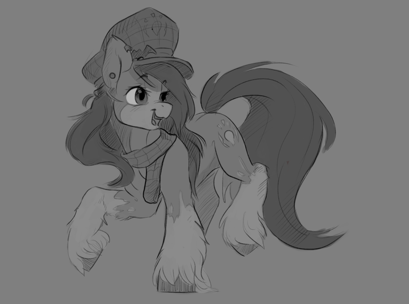 Size: 1280x951 | Tagged: safe, artist:lulemt, derpibooru import, oc, oc:mad munchkin, unofficial characters only, earth pony, pony, clothes, commission, ear piercing, earring, grayscale, hat, jewelry, monochrome, piercing, scarf, solo, unshorn fetlocks