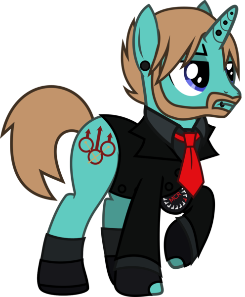 Size: 1323x1599 | Tagged: safe, artist:lightningbolt, derpibooru import, ponified, pony, unicorn, .svg available, annoyed, armband, bob bryar, clothes, ear piercing, facial hair, fingerless gloves, gloves, horn piercing, lip piercing, male, my chemical romance, necktie, piercing, raised hoof, shirt, shoes, simple background, socks, solo, stallion, suit, svg, three cheers for sweet revenge, transparent background, undershirt, vector