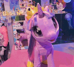 Size: 400x364 | Tagged: safe, derpibooru import, twilight sparkle, twilight sparkle (alicorn), alicorn, pony, robot, adoracreepy, animated, creepy, cute, gif, irl, nightmare fuel, photo, robotwi, toy fair, toy fair 2017, uncanny valley, what has science done