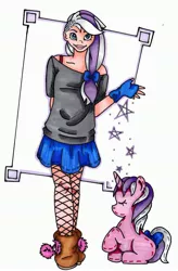 Size: 2224x3385 | Tagged: safe, artist:szarlotki, derpibooru import, twilight sparkle, human, pony, boots, bra strap, clothes, cute, fishnets, g1, human ponidox, humanized, pantyhose, self ponidox, skirt, solo, traditional art