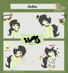 Size: 4500x4826 | Tagged: safe, artist:raspberrystudios, derpibooru import, oc, oc:robiin, unofficial characters only, cow, pegasus, pony, absurd resolution, baker, bell, bell collar, collar, height difference, onesie, reference sheet, solo