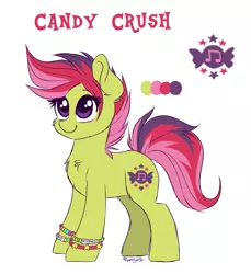 Size: 961x1050 | Tagged: safe, artist:confetticakez, derpibooru import, oc, oc:candy crush, unofficial characters only, earth pony, pony, female, kandi, mare, raver, reference sheet, simple background, solo, white background