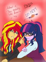 Size: 600x800 | Tagged: safe, artist:brickercupmasterx3, derpibooru import, sci-twi, sunset shimmer, twilight sparkle, equestria girls, blushing, female, implied flash sentry, implied flashlight, implied sciflash, male, straight