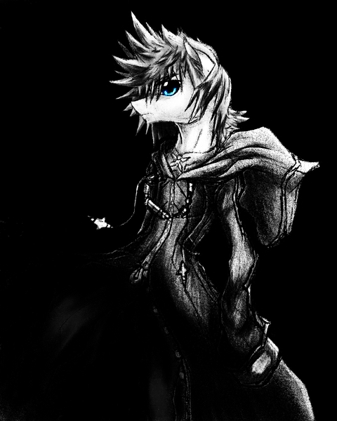 Size: 1780x2224 | Tagged: safe, artist:thatonegib, derpibooru import, ponified, pony, semi-anthro, action pose, bipedal, black background, blue eyes, clothes, coat, kingdom hearts, kingdom hearts 358/2 days, looking at you, mixed art, mixed media, monochrome, neo noir, organization xiii, paint tool sai, partial color, roxas, simple background, solo, traditional art