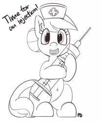 Size: 1280x1530 | Tagged: safe, artist:pabbley, derpibooru import, nurse redheart, pony, belly button, dialogue, giant syringe, looking at you, monochrome, open mouth, simple background, solo, syringe, this will end in tears, white background