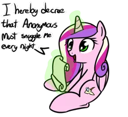 Size: 1280x1178 | Tagged: safe, artist:neuro, derpibooru import, princess cadance, queen chrysalis, alicorn, changeling, pony, dialogue, disguise, disguised changeling, fake cadance, female, happy, implied anon, implied snuggling, levitation, magic, mare, open mouth, royal decree, simple background, sitting, solo, telekinesis, transparent background