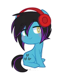 Size: 563x727 | Tagged: safe, artist:riouku, derpibooru import, oc, oc:despy, unofficial characters only, earth pony, pony, blushing, chibi, commission, female, headphones, heterochromia, lidded eyes, mare, simple background, sitting, smiling, solo, transparent background