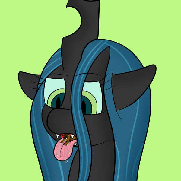 Size: 1200x1200 | Tagged: questionable, artist:cgbro, derpibooru import, queen chrysalis, oc, oc:cookie crumble, drool, fangs, fetish, macro, tongue out, vore