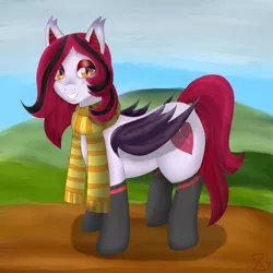 Size: 3300x3300 | Tagged: safe, artist:afterman, derpibooru import, oc, oc:arrhythmia, unofficial characters only, bat pony, pony, clothes, outdoors, scarf, smiling, solo, standing
