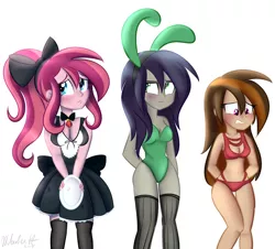 Size: 1024x927 | Tagged: suggestive, artist:wubcakeva, derpibooru import, oc, oc:contralto, oc:cupcake slash, oc:esbern, unofficial characters only, equestria girls, adorasexy, blushing, bra, breasts, bunny ears, bunny suit, clothes, cute, disguised siren, embarrassed, equestria girls-ified, female, females only, legs, leotard, maid, panties, partial nudity, plate, red underwear, sexy, swimsuit, underwear