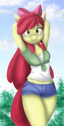 Size: 3000x5926 | Tagged: safe, artist:ambris, artist:kurausuki, color edit, derpibooru import, edit, apple bloom, anthro, earth pony, absurd resolution, arm behind head, armpits, belly button, bow, breasts, clothes, colored, female, hair bow, looking at you, midriff, older, open mouth, shirt, shorts, smiling, solo, straw in mouth