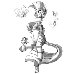 Size: 1000x1000 | Tagged: artist:blue-paint-sea, balancing, bamboo, derpibooru import, monochrome, parasprite, safe, zebra, zecora