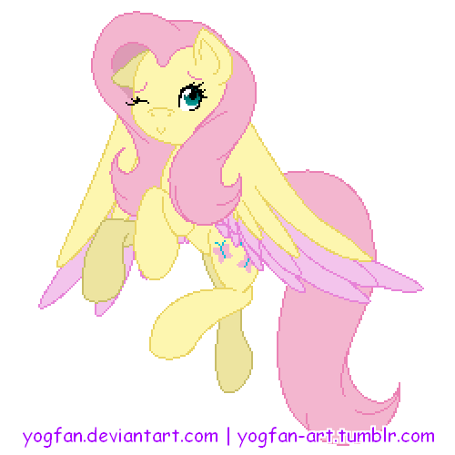 Size: 500x500 | Tagged: artist:yogfan, colored wings, colored wingtips, derpibooru import, fluttershy, flying, one eye closed, pixel art, safe, simple background, solo, transparent background, wink