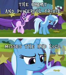 Size: 920x1056 | Tagged: safe, derpibooru import, edit, edited screencap, screencap, starlight glimmer, trixie, pony, unicorn, no second prances, caption, discovery family logo, female, hub logo, mare, meme, sad, stage