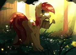 Size: 1100x795 | Tagged: safe, artist:hioshiru, derpibooru import, roseluck, pony, chromatic aberration, colored pupils, dappled sunlight, dock, featureless crotch, female, flower, forest, grass, looking back, mare, mouth hold, plot, rear view, solo, sunlight, tree, watering, watering can