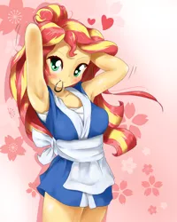 Size: 1400x1750 | Tagged: safe, artist:fromamida, derpibooru import, sunset shimmer, equestria girls, abstract background, adorasexy, anime, apron, armpits, blushing, clothes, colored pupils, cute, female, hair tie, happi, heart, looking at you, sexy, shimmerbetes, solo, standing, sunset sushi, toy interpretation
