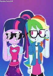 Size: 2919x4169 | Tagged: safe, artist:rainbowyoshi305, derpibooru import, rainbow dash, sci-twi, twilight sparkle, equestria girls, absurd resolution, accessory swap, bowtie, clothes, compression shorts, female, glasses, gradient background, lesbian, scitwidash, shipping, skirt, sunglasses, twidash