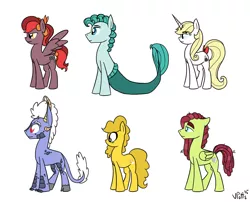 Size: 2656x2142 | Tagged: safe, artist:torusthescribe, derpibooru import, oc, oc:apple spice, oc:beauregard, oc:candlewick, oc:golden fantasy, oc:mozart, oc:rainbow dust, unofficial characters only, earth pony, hybrid, merpony, pegasus, pony, sea pony, unicorn, earth pony oc, female, group, high res, horn, image, interspecies offspring, jpeg, magical lesbian spawn, male, mare, offspring, parent:applejack, parent:discord, parent:fluttershy, parent:lightning dust, parent:oc:fallen star, parent:pinkie pie, parent:pokey pierce, parent:prince blueblood, parent:rainbow dash, parent:rarity, parent:tree hugger, parent:twilight sparkle, parents:bluejack, parents:canon x oc, parents:discolight, parents:flutterhugger, parents:pokeypie, parents:rainbowdust, pegasus oc, signature, simple background, stallion, unicorn oc, white background, wings