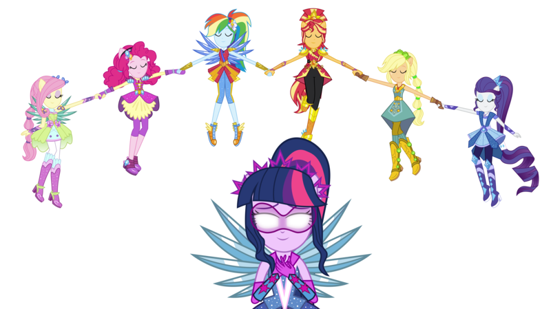 Size: 10000x5615 | Tagged: safe, artist:limedazzle, derpibooru import, applejack, fluttershy, pinkie pie, rainbow dash, rarity, sci-twi, sunset shimmer, twilight sparkle, equestria girls, legend of everfree, absurd resolution, balloon, boots, clothes, crystal guardian, crystal wings, eyes closed, glasses, glowing eyes, high heel boots, humane five, humane seven, humane six, mane six, ponytail, scitwilicorn, shoes, simple background, sneakers, sparkles, sun, super ponied up, transparent background, vector, wings