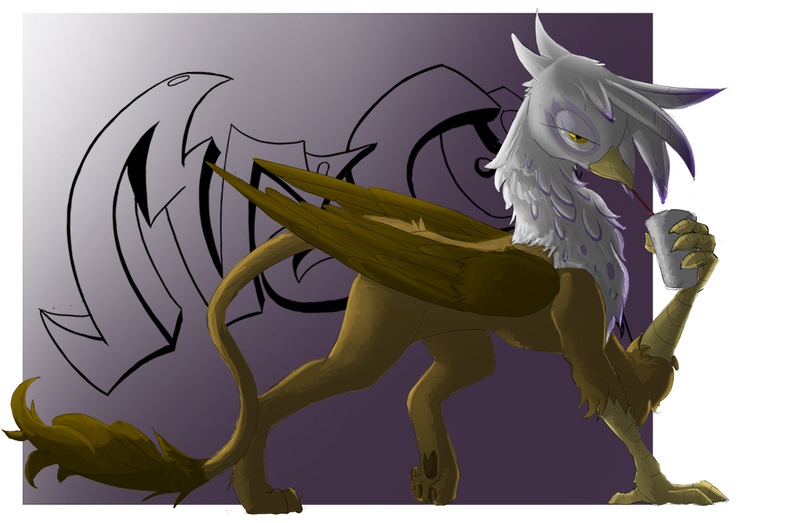 Size: 1068x698 | Tagged: safe, artist:jaeneth, derpibooru import, gilda, gryphon, cup, drinking, female, folded wings, holding, image, jpeg, lidded eyes, looking at you, one leg raised, paw pads, solo, straw, straw in mouth, wings