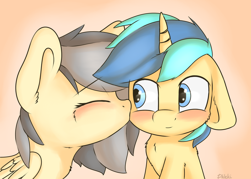 Size: 1024x734 | Tagged: safe, artist:dbleki, derpibooru import, oc, oc:dex, oc:wolfix, unofficial characters only, pegasus, pony, unicorn, blushing, cute, eyes closed, female, floppy ears, fluffy, fluffyball, happy, kiss on the cheek, kissing, love, male, ocbetes, orange background, simple background, smiling, straight