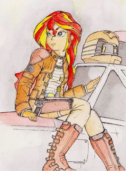 Size: 471x640 | Tagged: safe, artist:daisymane, derpibooru import, sunset shimmer, equestria girls, battlestar galactica, clothes, colonial viper, crossover, flight helmet, gun, solo, traditional art, uniform, weapon