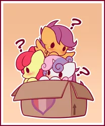 Size: 1125x1350 | Tagged: safe, artist:symbianl, derpibooru import, apple bloom, scootaloo, sweetie belle, earth pony, pegasus, pony, unicorn, adorabloom, blushing, box, chibi, cute, cutealoo, cutie mark crusaders, diasweetes, hilarious in hindsight, pony in a box, question mark, simple background, symbianl's chibis, trio