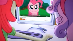 Size: 1256x720 | Tagged: safe, derpibooru import, apple bloom, pinkie pie, sweetie belle, smile hd, equestria girls, computer, cyrillic, exploitable meme, russian, the crusaders browse the internet, this will end in tears