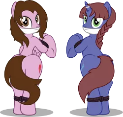 Size: 4042x3857 | Tagged: suggestive, artist:digiqrow, deleted from derpibooru, derpibooru import, oc, oc:ditzy theory, oc:love beat, unofficial characters only, pegasus, pony, unicorn, absurd resolution, bondage, braid, cloth gag, cutie mark, female, females only, gag, horn ring, looking at you, magic suppression, plot, rope, simple background, tied up, transparent background, vector