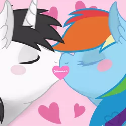 Size: 1280x1280 | Tagged: safe, artist:maranora, derpibooru import, rainbow dash, oc, oc:shiron, canon x oc, female, hearts and hooves day, kissing, male, pink, shipping, smooch, straight, valentine's day