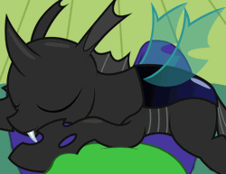 Size: 1990x1538 | Tagged: safe, artist:badumsquish, derpibooru import, changeling, human, ambiguous gender, animated, breathing, content, cute, cuteling, dream, duo, fangs, gif, human on changeling snuggling, lap, offscreen character, pov, sitting on lap, sleeping, smiling, wing twitch
