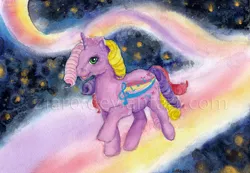 Size: 800x554 | Tagged: artist:z1ar0, colored pencil drawing, derpibooru import, g1, ink, pencil drawing, pen drawing, rainbow curl pony, safe, solo, streaky, traditional art, watercolor painting, watermark