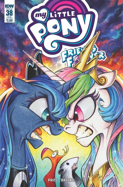 Size: 1032x1566 | Tagged: safe, artist:andypriceart, derpibooru import, idw, philomena, princess celestia, princess luna, tiberius, alicorn, pony, spoiler:comic, spoiler:comicff38, angry, comic, cover, floppy ears, gritted teeth, here we go again, horns are touching, looking at each other, open mouth, xk-class end-of-the-world scenario