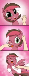 Size: 2481x6335 | Tagged: safe, artist:doublewbrothers, derpibooru import, oc, oc:artista, unofficial characters only, pegasus, pony, absurd resolution, amputee, boop, comic, commission, cute, ear scratch, eyes closed, female, glasses, gradient background, hand, laughing, looking at you, mare, missing limb, ocbetes, one eye closed, one winged pegasus, peg leg, pony simulator, prosthetic leg, prosthetic limb, prosthetics, smiling, tickling, tongue out, wink