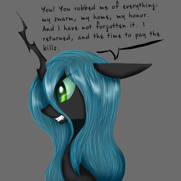 Size: 1000x1000 | Tagged: angry, artist:ruanshi, changeling, derpibooru import, dialogue, fangs, floppy ears, former queen chrysalis, gray background, queen chrysalis, safe, simple background, solo